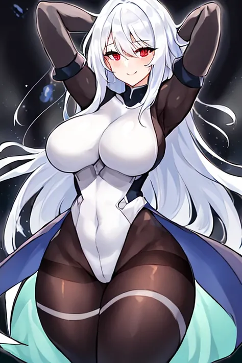 1girl, white hair, large breasts, breasts, thick thighs, wide hips, red eyes, bodysuit, black bodysuit, pantyhose, long hair, light smile, happy, science-fiction, tech, futuristic, black pantyhose, thighhighs, neon trim, anime style, 2d, anime screencap, h...