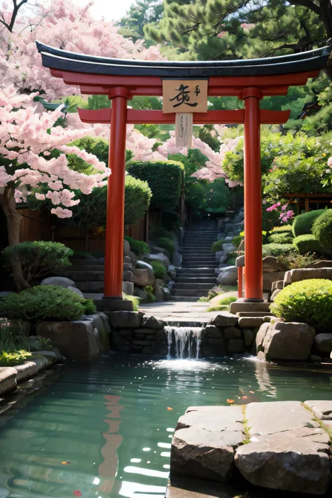 masterpiece, a building with a bunch of pink flowers in front of it, a picture, by Torii Kiyomasu, flickr, sōsaku hanga, an altar of a temple, kodak portra 4 0 0, sakura tree in background, high-end onsen, intricate details, cinematic light, 8k, ultra hd