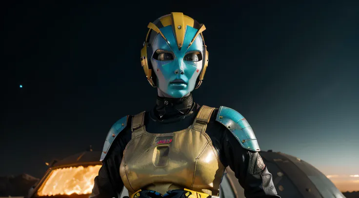 A Robot sexy Girl with helmet and the Rocketeer style, tongs in hands, Tv head, pinhead, Black and Yellow Pink Cyan Rusty, Ambient in a meteorite crater super detailed, center, beautiful, soft lighting, focused on the character, 4K resolution, photorealist...