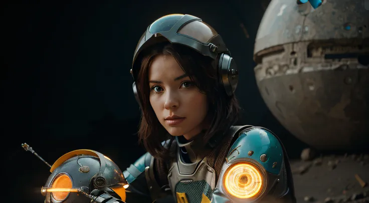 A Robot sexy Girl with helmet and the Rocketeer style, tongs in hands, Tv head, pinhead, Black and Yellow Pink Cyan Rusty, Ambient in a meteorite crater super detailed, center, beautiful, soft lighting, focused on the character, 4K resolution, photorealist...