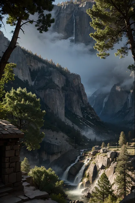 Medieval Castle, Yosemite Valley, waterfall, no humans, exterior, realistic