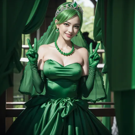 emerald tiara, Green Pearl Necklace, Boyish very short green hair, lipsticks, Japan woman smiling, very short short hair, big breasts beautiful, Green eyes, Long green gloves made of satin material, Green eyes,v sign, Emerald Earrings