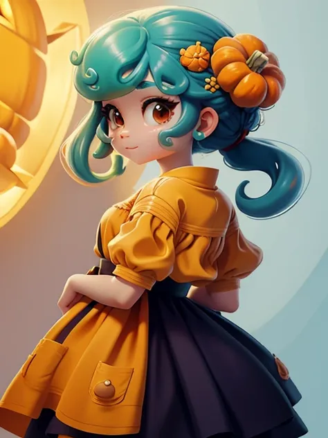 menina Lodo, (Lodo), Slime hair Penteado duplo buns estilo de cabelo, Orange Pumpkin, Vestido branco da princesa com cinto da arma, master part, best quality