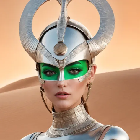 best quality, portrait of a woman i futuristic mask inspired by an ancient egypt mask, details, gold, silver, stones, scarab beetle, green eyes, behind her there is sand dunes, sunset