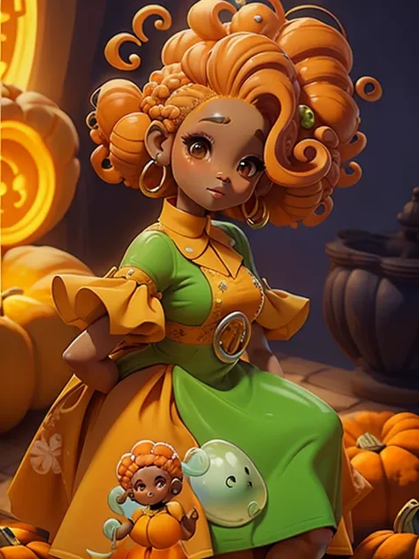 menina afro Lodo, (Lodo),  Slime hair Penteado duplo buns estilo de cabelo, Orange Pumpkin, Vestido branco da princesa com cinto da arma, master part, best quality