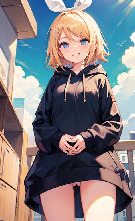 (Masterpiece), (Best Quality), (Illustration), (Ultra Detailed), (High Resolution), Perfect Anatomy, Absurdity, One Girl, (Kagamine_Rin), (Vocaloid), Short Hair, Hair Clips, Big Smile, (Blonde), Very Cute Girl, Small, Young, Delicate, Attention to Girl, Be...