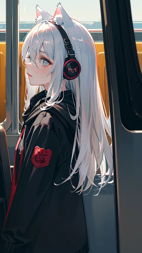 (masterpiece, side lighting, ultra-detailed, finely detailed beautiful eyes: 1.2), 1girl, bag, building, from side, headphones, hood, hood down, hooded jacket, black hoodie, jacket, long hair, silver hair, profile, white hair, solo, train, train interior, ...