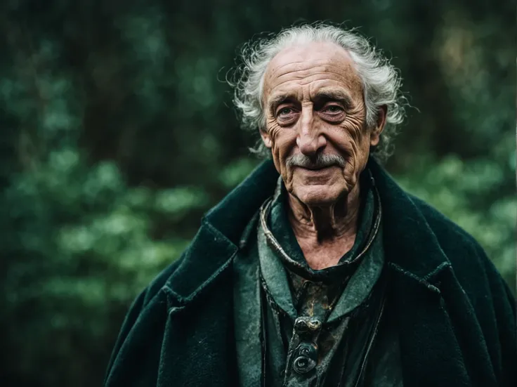 A (portrait photography: 1.2) close up photo of a mix between Marty Feldman and Dennis Hopper as one medieval fantasy 50 year-old male magical wizard, adult, extremely short masculine hair, smiling expression, medieval fantasy travelling wizard clothes, in...