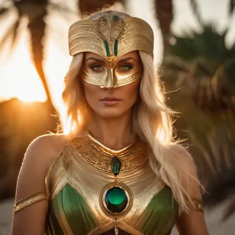 best quality, portrait of a woman with green eyes and blond hair in a futuristic mask inspired by an ancient egypt mask, details, gold, silver, stones, snake, scarab beetle, green eyes, behind her there is a beach with some palmtrees, sunset with a red glo...