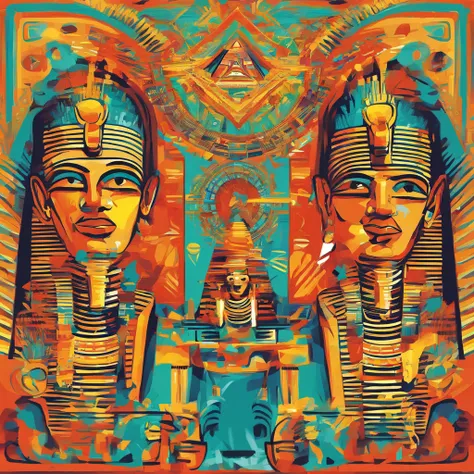 ambiance hypnotique, Two Egyptian mummies inside a pyramid, Two men who look scared, effet psychedelique,