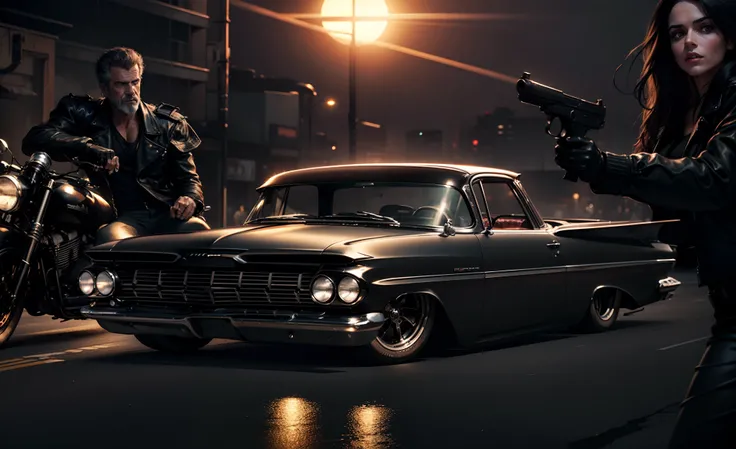 um imponente, Classic Black 1959 Chevy El Camino in the Foreground, behind a close-up of a gangster Mel Gibson propped up on a motorbike and armed with a pistol and a beautiful gangster Angelina Jollie holding a pistol and the sun and several buildings on ...