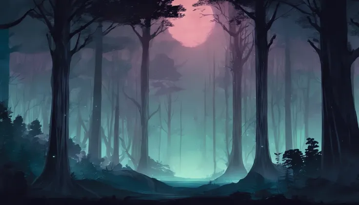 dark and dense forest at night with tall trees and many thick tree roots, nighttime woodlands