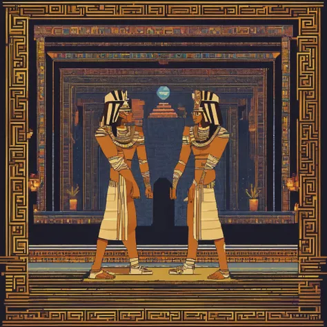 ((ambiance hypnotique)), Two Egyptian mummies inside a pyramid, Two men who look like theyre dancing, (effet psychedelique),