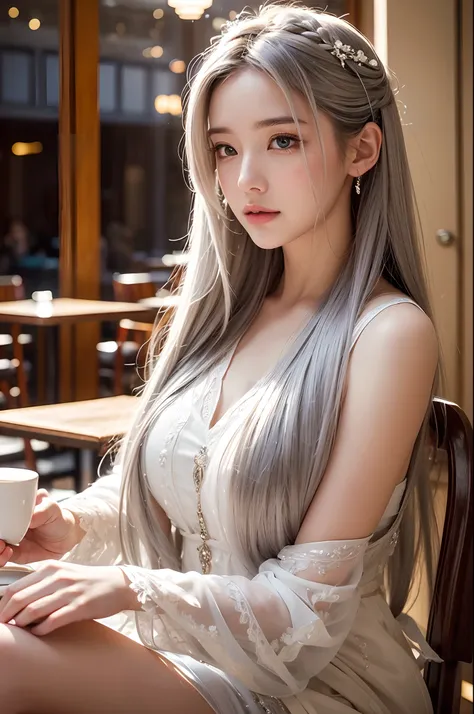 high quality, highly detailed composition, the enchanting woman, with her flowing white hair and silky skin emitting a celestial glow, sits gracefully in a café, becoming a beacon of enchantment, Delicate brushstrokes accentuate the intricate details, brin...