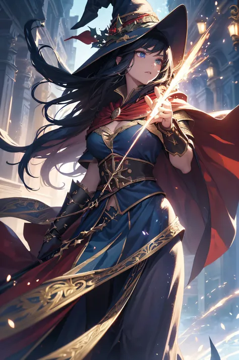 (mage), (powerful), (magical), (MMORPG), (Christmas-themed armor), (cape), (black hair), (blue eyes), (red skin tone), (staff in hands), (witch hat), (red), (vibrant colors), (detailed), (high-res), (fantasy), (adventurous), (mysterious), (action-packed), ...