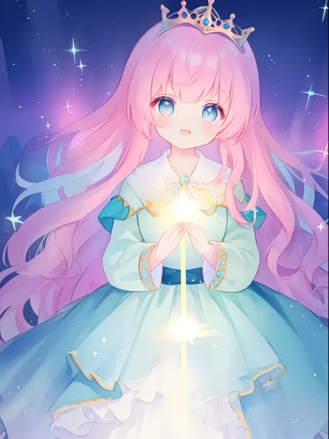 beautiful girl in glowing white ballgown, ((tiered layered ballgown)), flowing sheer long sleeves, sparkling white ballgown, ((puffy white princess ballgown skirt)), vibrant pastel colors, (colorful), magical lights, long flowing colorful pink hair, ((glow...