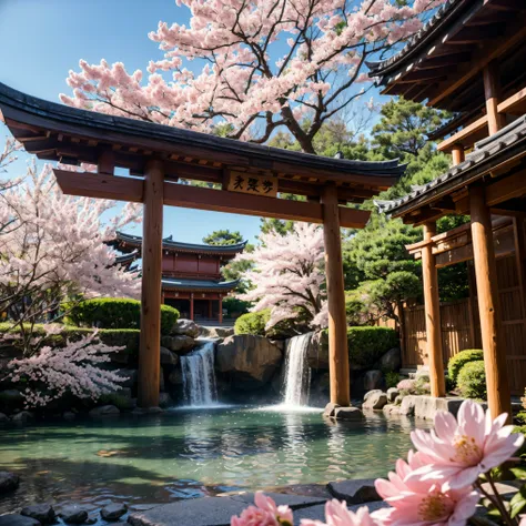 masterpiece, a photography of a building with a bunch of pink flowers in front of it, by Torii Kiyomasu, flickr, sōsaku hanga, an altar of a temple, kodak portra 4 0 0, sakura tree in background, high-end onsen, intricate details, cinematic light, 8k, ultr...