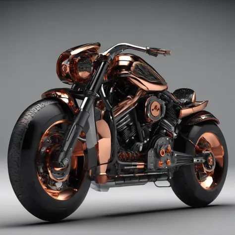 (masterpiece, best quality, ultra-detailed, photorealistic), vehicle concept design, a futuristic harley davidson copper, strong, powerful, sleek