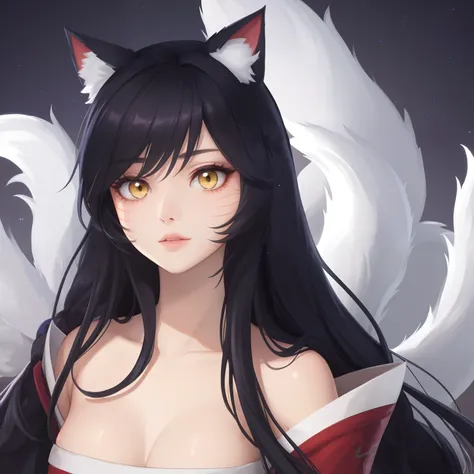 anime girl with white hair and black dress with white cat ears, white - haired fox, portrait of ahri (League of legends), onmyoji portrait, ahri (League of Legends), fox nobushi, white fox anime, beautiful anime catgirl, onmyoji detailed art, white haired ...