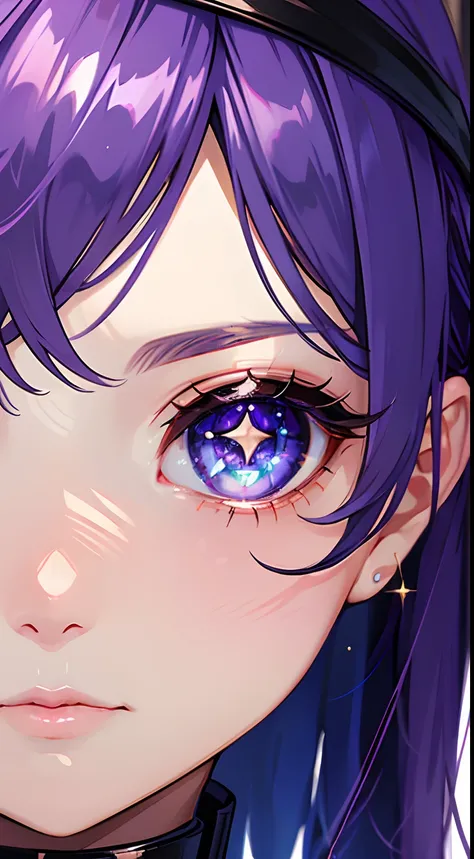 (masterpiece), best quality, (extreme close up on a girl face), (eye focus), expressive eyes, perfect face, purple hair, collar, gorgeous eyes, galaxy eyes, cosmic eyes,sparkling eyes, breath taking, cute, soft expression, perfect skin,