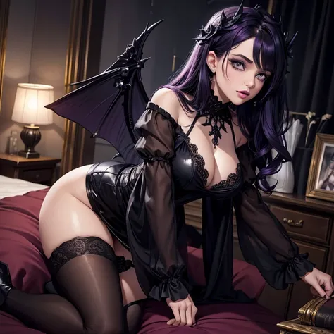 A Fairy, Dark Fairy Wings , Black Dress, Gothic Style, Dark lips, Loita Dress, Black Boots, Black Stockings, Dark and Purple Hair , blushing face ,Gothic make-up, (Best quality:1.1), (Masterpiece:1.4), 1fille, (cheveux volumineux)+ , cheveux longs , (Yeux ...