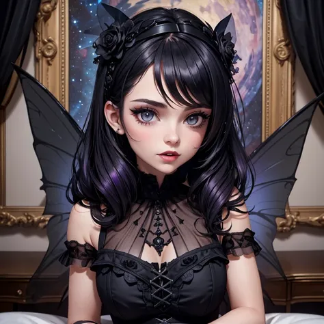 A Fairy, Dark Fairy Wings , Black Dress, Gothic Style, Dark lips, Loita Dress, Black Boots, Black Stockings, Dark and Purple Hair , blushing face ,Gothic make-up, (Best quality:1.1), (Masterpiece:1.4), 1fille, (cheveux volumineux)+ , cheveux longs , (Yeux ...