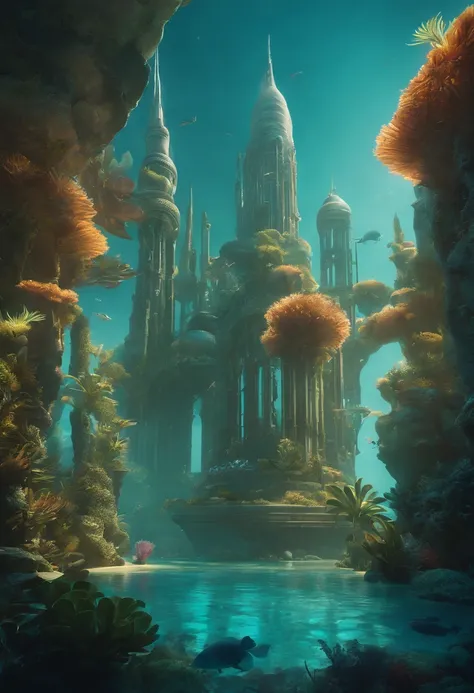 Create a prompt for a surreal underwater cityscape with vibrant, bioluminescent flora and fauna, and a futuristic structure in the background.

Craft an otherworldly scene of an underwater city with surreal elements. Envision vibrant bioluminescent flora a...