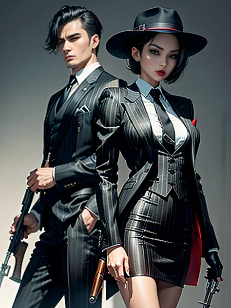 Ada Wong, short hair, 1girl, makeup, silky hair, fully clothed, gangster, mafia, (((black pinstripe skirt suit))), (((three-piece suit))), (((necktie))), blazer, (((suit jacket))), (((waistcoat))), double-breasted waistcoat, bodycon skirt, (((pencil skirt)...