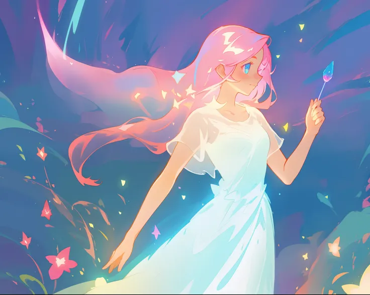 beautiful girl in glowing white dress, ((flowing white ballgown)), (looking away, profile view), vibrant pastel colors, (colorful), magical lights, long flowing colorful pink hair, ((glowing aura around her)), flowing glowing hair, fantasia landscape backg...