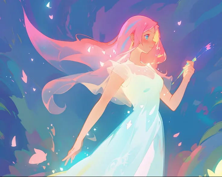 beautiful girl in glowing white dress, ((flowing white ballgown)), (looking away, profile view), vibrant pastel colors, (colorful), magical lights, long flowing colorful pink hair, ((glowing aura around her)), flowing glowing hair, fantasia landscape backg...