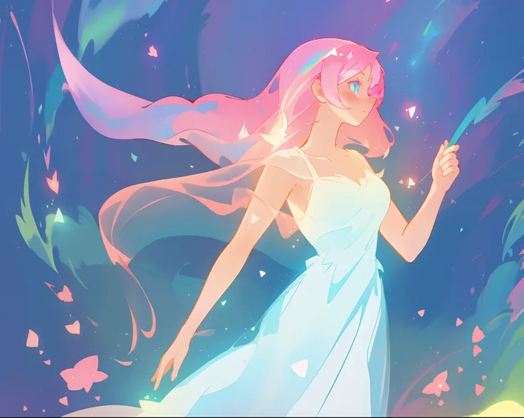 beautiful girl in glowing white dress, ((flowing white ballgown)), (looking away, profile view), vibrant pastel colors, (colorful), magical lights, long flowing colorful pink hair, ((glowing aura around her)), flowing glowing hair, fantasia landscape backg...