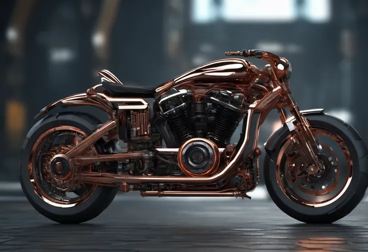 (masterpiece, best quality, ultra-detailed, photorealistic), vehicle concept design, a futuristic harley davidson copper, strong, powerful, sleek