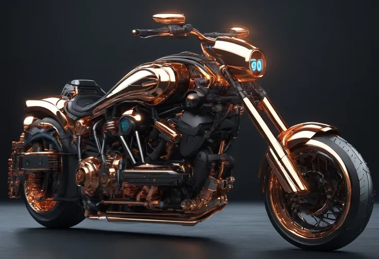 (masterpiece, best quality, ultra-detailed, photorealistic), vehicle concept design, a futuristic harley davidson copper, strong, powerful, sleek