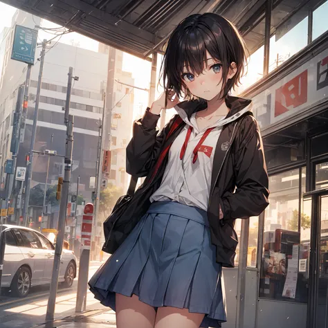 Portrait, Documentary, Photo, A girl is 13-year-old gender-neutral middle school student with short black hair and small chest, walking on the school commute route with a tired expression, Short hair, School uniform, skirt, School commute route, High quali...