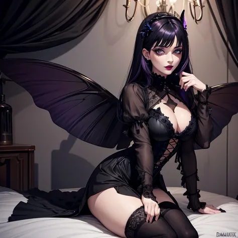 one girl, Dark Butterfly Wings , Black Dress, Gothic Style, Loita Dress, Black Boots, Black Stockings, Dark and Purple Hair , Eyes Shadows ++  , Darker Lips + , Gothic make-up, (Best quality:1.1), (Masterpiece:1.4), 1fille, (cheveux volumineux)+ , cheveux ...