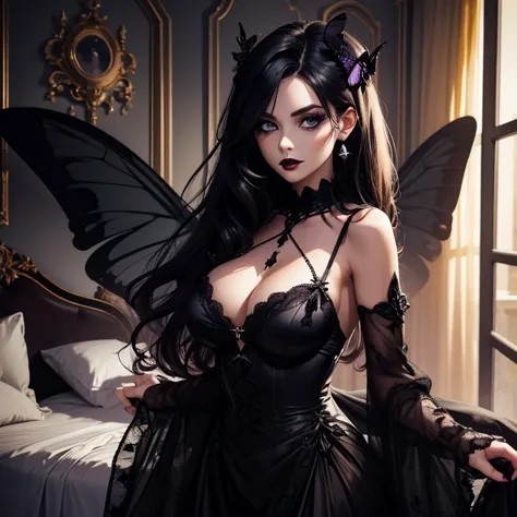 one girl, Dark Butterfly Wings , Black Dress, Gothic Style, Loita Dress, Black Boots, Black Stockings, Dark and Purple Hair , Eyes Shadows ++  , Darker Lips + , Gothic make-up, (Best quality:1.1), (Masterpiece:1.4), 1fille, (cheveux volumineux)+ , cheveux ...