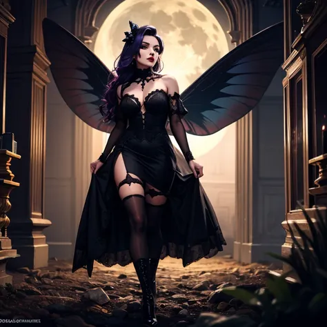 one girl, Dark Butterfly Wings , Black Dress, Gothic Style, Loita Dress, Black Boots, Black Stockings, Dark and Purple Hair , Eyes Shadows ++ , Darker Lips + , Gothic make-up, (Best quality:1.1), (Masterpiece:1.4), 1fille, (cheveux volumineux)+ , cheveux l...