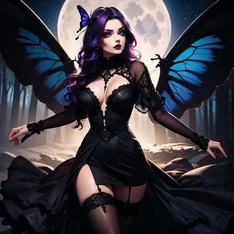 one girl, Dark Butterfly Wings , Black Dress, Gothic Style, Loita Dress, Black Boots, Black Stockings, Dark and Purple Hair , Eyes Shadows ++ , Darker Lips + , Gothic make-up, (Best quality:1.1), (Masterpiece:1.4), 1fille, (cheveux volumineux)+ , cheveux l...