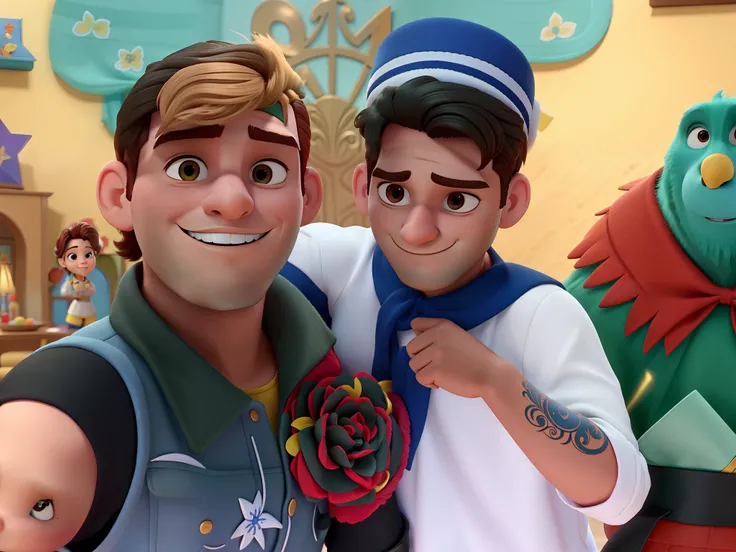 Casal (homem moreno e mulher branca) no estilo Disney Pixar, alta qualidade, melhor qualidade.