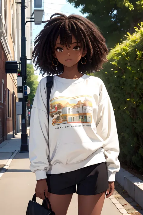 girl, dark skin, curly hair, sweatshirt, shorts,