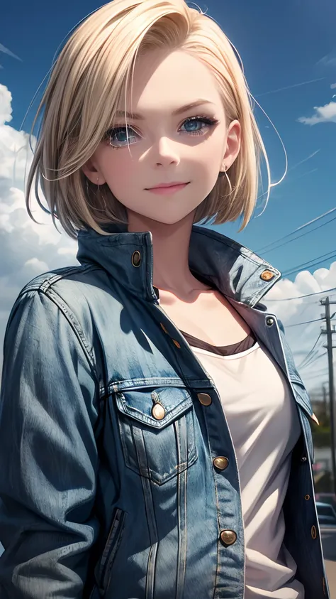 1girll, Solo, Android 18, Blonde hair, Blue eyes, Short hair, jewelry, Earrings, Smile, Jacket, Looks to the side, Denim, Denim jacket, Upper body, Lingerie, Closed mouth, Cloud, sky, day, looks away, Blue sky, 鎖骨,