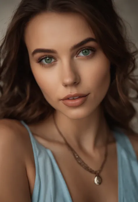 arafed woman with a white tank top and a necklace, sharing drinks with friends, sexy girl with green eyes, portrait sophie mudd, Scarlett Johansson, brown hair and large eyes, selfie of a young woman, bedroom eyes, Lana Del Ray, without makeup, natural mak...