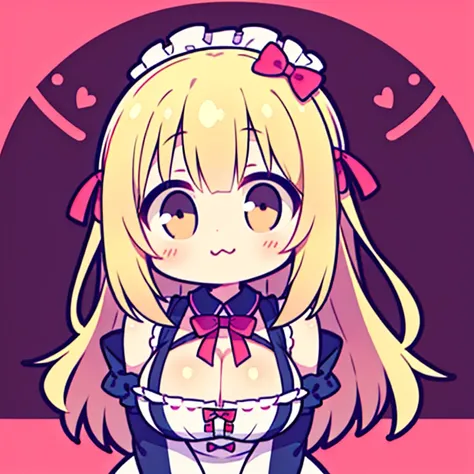 Cute,kawaii,innocent,bright eyes,rosy cheeks, ribbons, frilly dress,1 head body ratio, youthful, plain background, large breasts, cleavage window