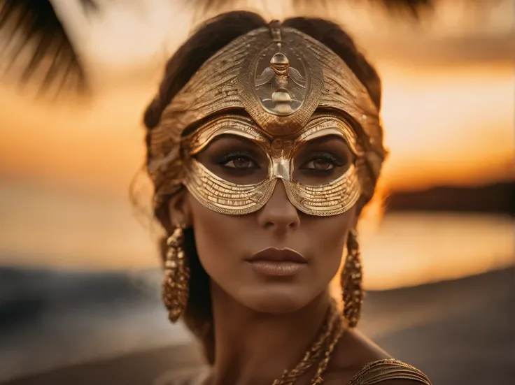 best quality, 1,5 light face, portrait of a beautiful woman i futuristic mask inspired by an ancient egypt mask, details, gold, silver, snake, transparent limestone, stones, scarab beetle, microchips. cabels, glow, beach, red warm sunset with palmtrees