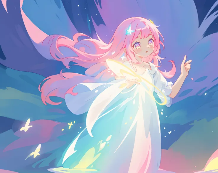 beautiful girl in glowing white dress, ((flowing white ballgown)), vibrant pastel colors, (colorful), magical lights, long flowing colorful pink hair, ((glowing aura around her)), flowing glowing hair, fantasia landscape background, whimsical, magical, fan...