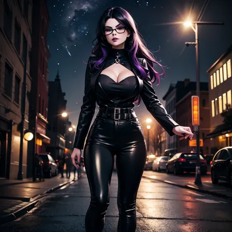 one girl, black trousers, black top, gothic style, black boots, glasses, black stockings, dark and purple hair , eyes shadows ++...