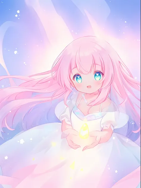 beautiful girl in glowing white dress, ((flowing white ballgown)), vibrant pastel colors, (colorful), magical lights, long flowing colorful pink hair, ((glowing aura around her)), flowing glowing hair, fantasia landscape background, whimsical, magical, fan...