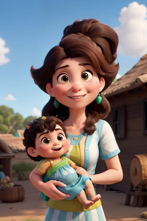 Create "Disney Pixar" Style Poster: Must contain a parents family, Mother and baby. The father must be Asian-looking, pequena pinta na bochecha esquerda, cabelos arrepiados de cor preta, Strong beard and arms. O pai deve estar vestindo camiseta e bermuda. ...