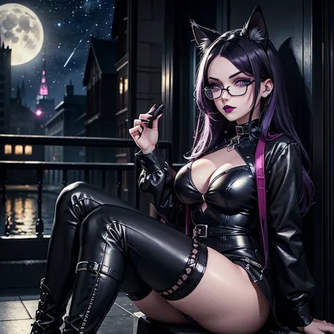 one girl, Black Trousers, Black Top, Gothic Style, Black Boots, Glasses, Cat Ears, Cat Tail, Black Stockings, Dark and Purple Hair , Eyes Shadows ++ , Darker Lips + , Gothic make-up, (Best quality:1.1), (Masterpiece:1.4), 1fille, (cheveux volumineux)+ , ch...