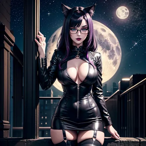 one girl, Black Trousers, Black Top, Gothic Style, Black Boots, Glasses, Cat Ears, Cat Tail, Black Stockings, Dark and Purple Hair , Eyes Shadows ++ , Darker Lips + , Gothic make-up, (Best quality:1.1), (Masterpiece:1.4), 1fille, (cheveux volumineux)+ , ch...